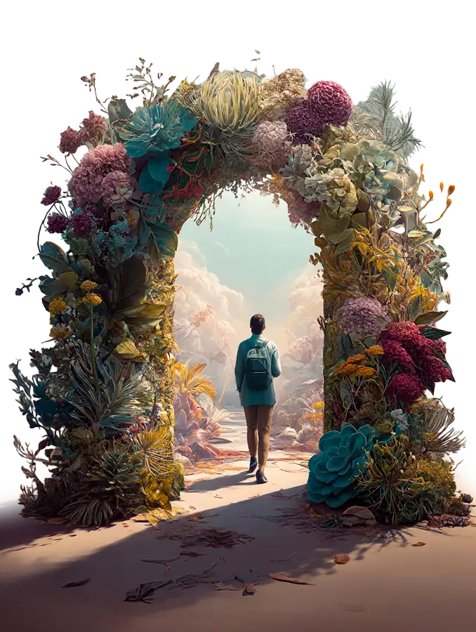 Inner Mastery International, parte de arbol de navidad con una bola dorada que cuelga de él. Al fondo se ven unos botines rojos para regalos pegados a la pared y adornos con luces navideñas